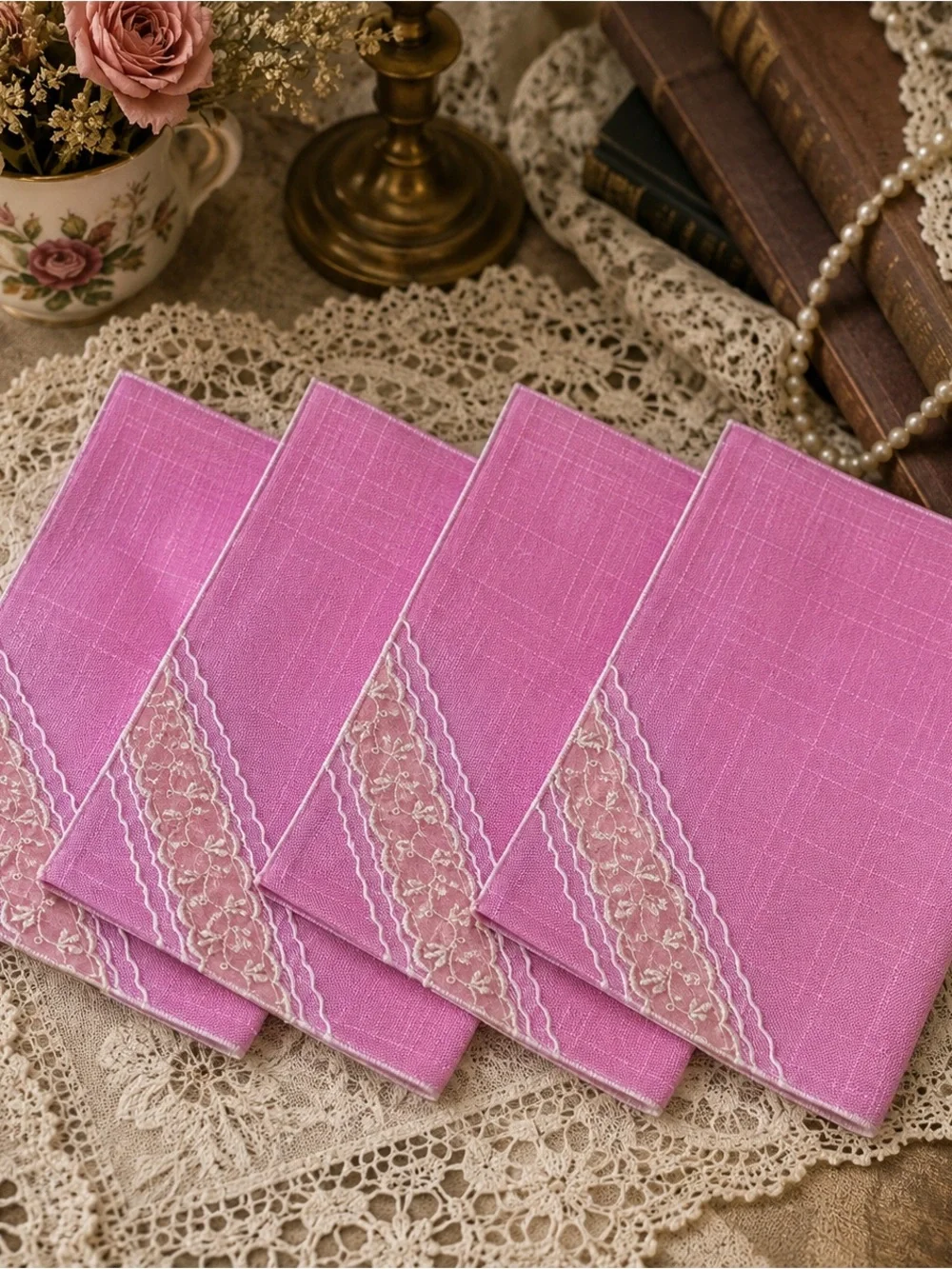 Vintage Pink Cloth Napkins Set of 4 White Embroidered Floral Lace Trim Tea Time